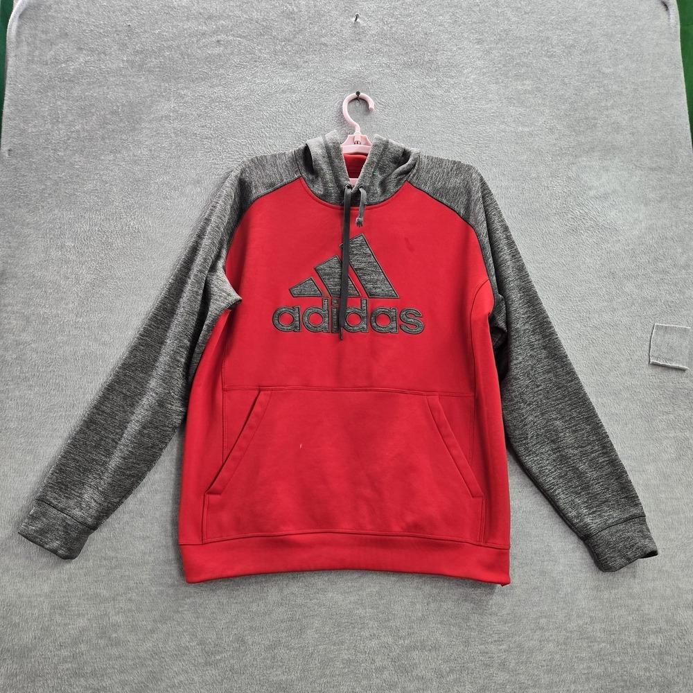 Adidas Men Hoodie L Red Gray Logo Embroidery Colorblock Fleece Climawarm READ